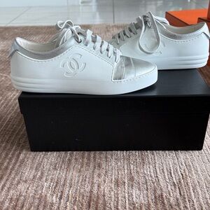 CHANEL White and Silver Sneakers